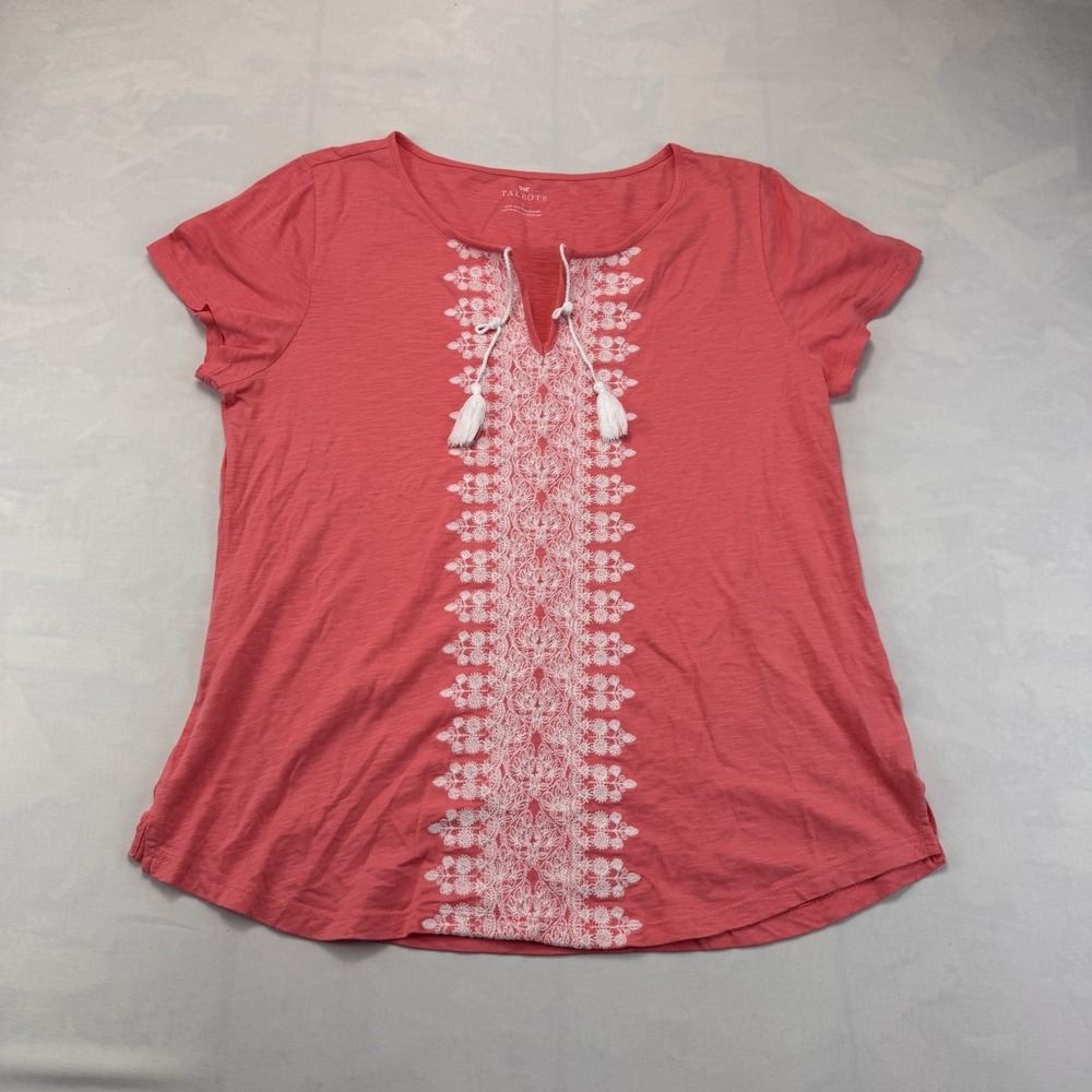 Talbots Womens L Coral Cotton Embroidered Tassel Tie Boho Short Sleeve Top